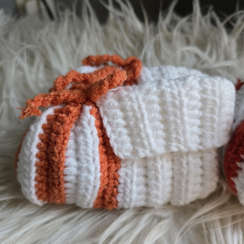 Handmade Knitted Baby Booties - White, Red, and Orange - Picture 2 of 6